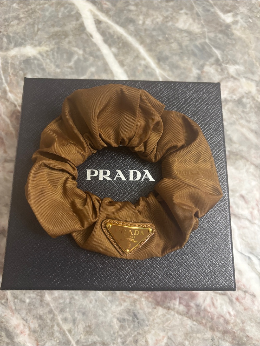 Prada Bronze Satin Logo Scrunchie